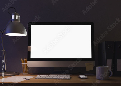 Foto Mockup dasktop on table at night
