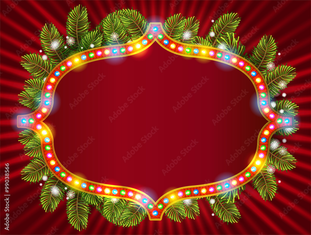 Happy new year 2016 light frame with christmas decorations, and garland. Fir tree background with place for text. Vector illustration