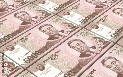 North Korea won bills stacks background. Computer generated 3D photo rendering. photo