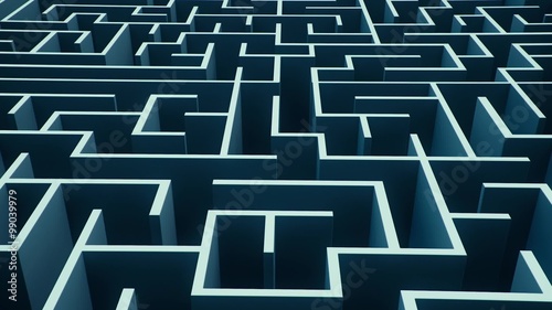 Flying over an endless maze with a cold color palette.
