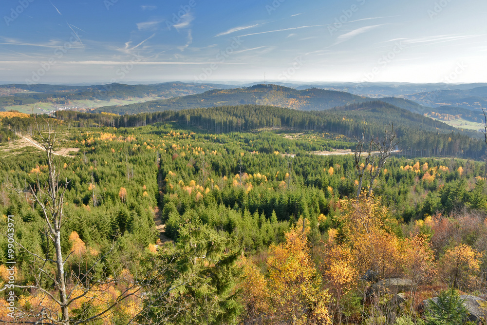 Panoramic View in autumn from Nebelstein in Waldviertel, Lower Austria next to Harbach Health resort.