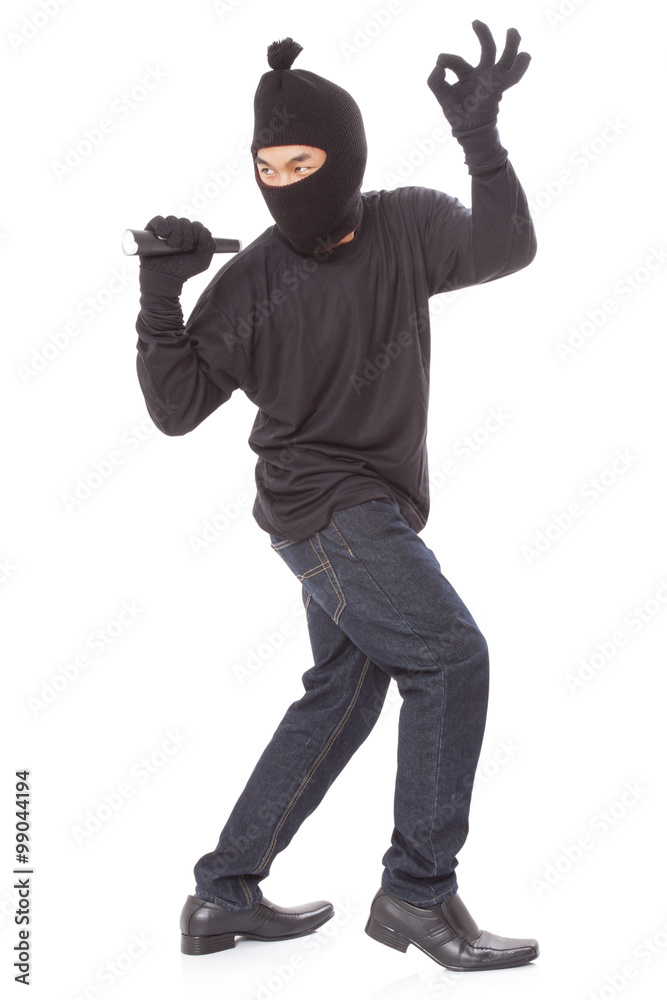 Thief holding flashlight with showing ok sign on white background Thief holding flashlight with showing ok sign on white background