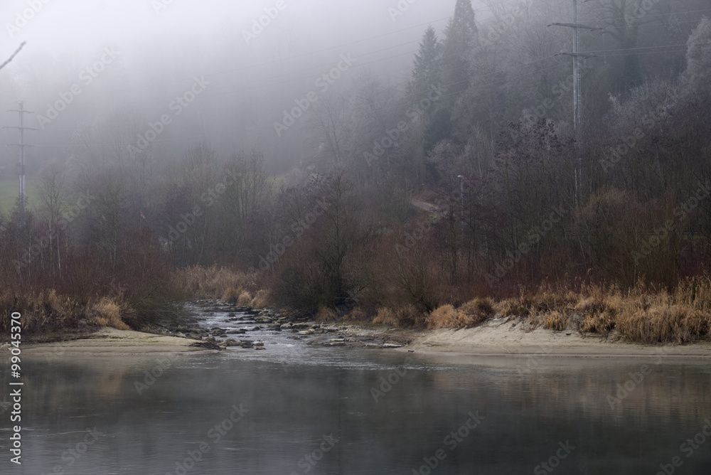Fototapeta premium Bach fliesst in den Fluss am Waldrand mit Nebel