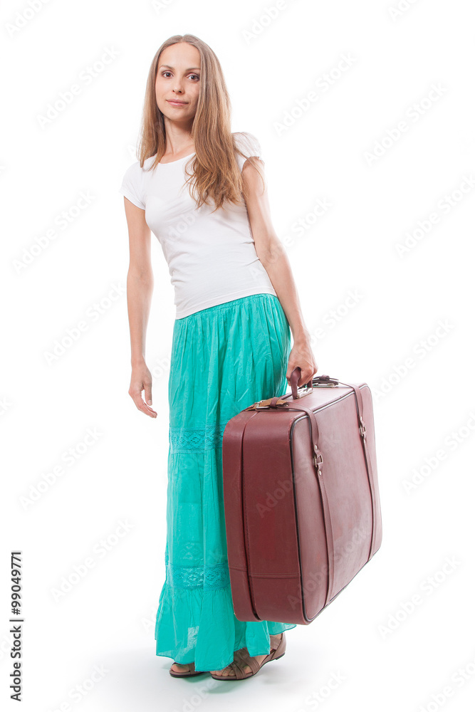 woman going with heavy suitcase, isolated on white woman going with heavy suitcase, isolated on white