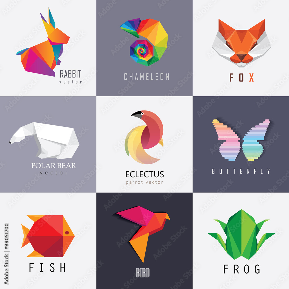 Abstract colorful vibrant animal logos design set collection. Rabbit, chameleon, red fox, polar bear, parrot, butterfly, fish, bird and frog designs - obrazy, fototapety, plakaty 
