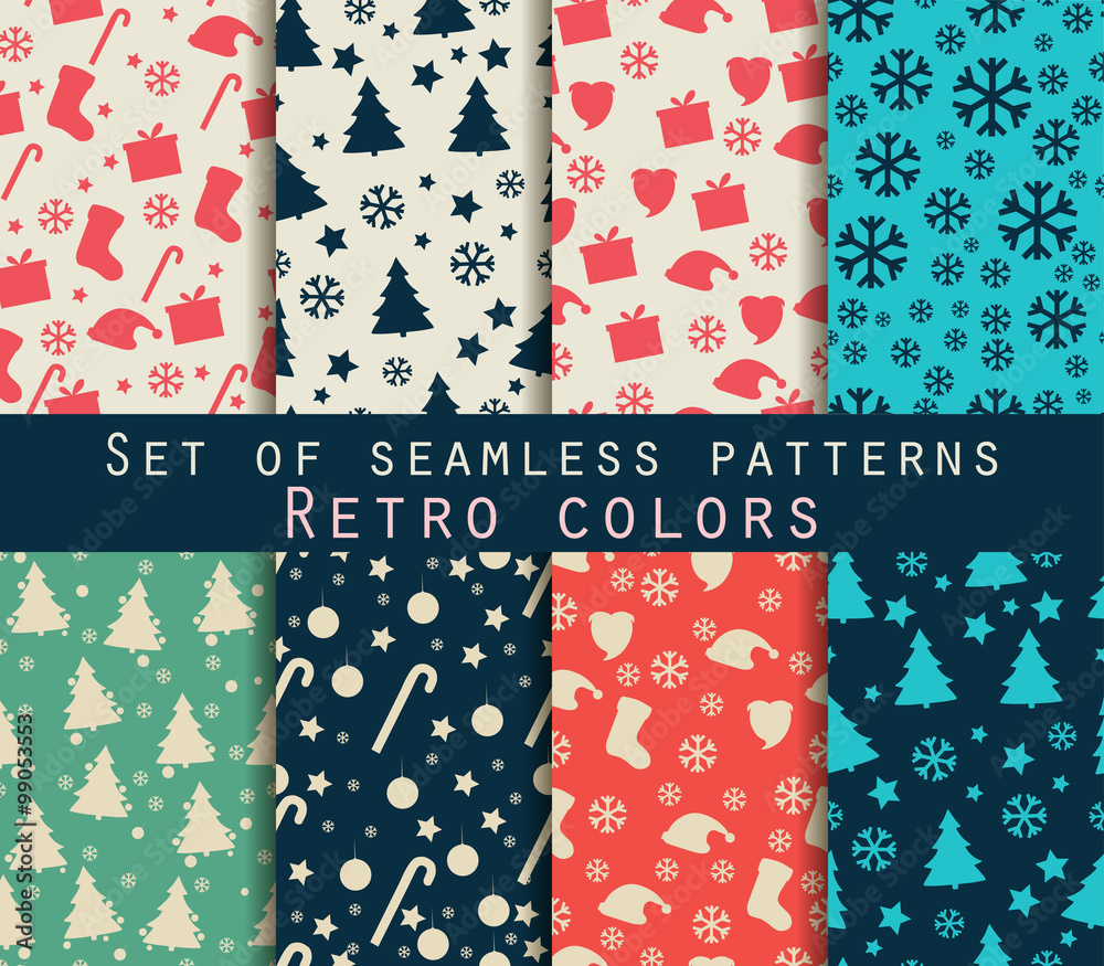 Set of winter seamless patterns. Retro colors.