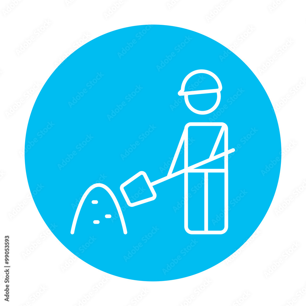 Man with shovel and hill of sand line icon. Man with shovel and hill of sand line icon.