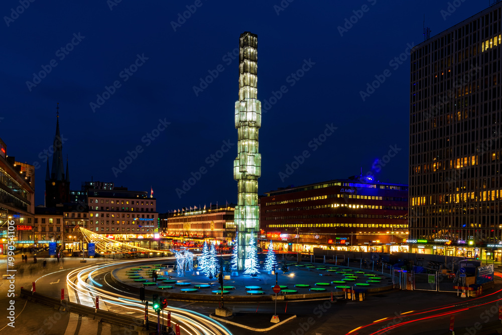 Sergels torg with its famous obelisk in the center during night