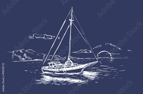 Sailing ship in the ocean in ink line style. Hand drawn boat