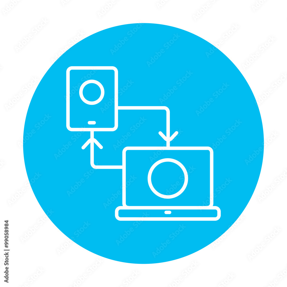 Synchronization smartphone with laptop line icon.
