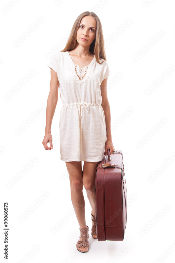 woman going with heavy suitcase, isolated on white woman going with heavy suitcase, isolated on white