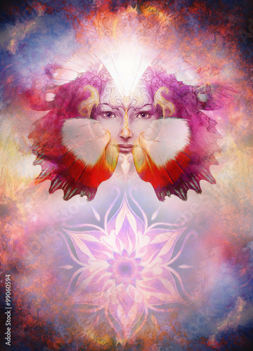Fototapeta Naklejka Na Ścianę i Meble -  Beautiful Painting Goddess Woman with bird phoenix on your face with ornamental mandala and butterfly wings and color abstract background  and eye contact.