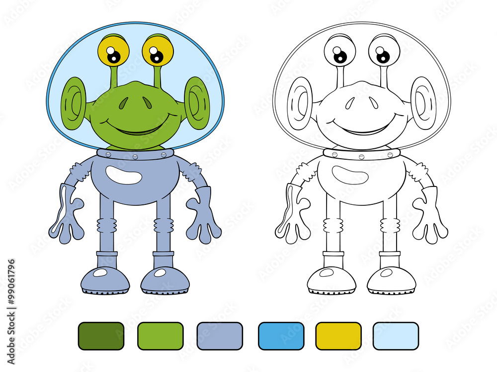 Funny cartoon alien in spacesuit. Coloring book Funny cartoon alien in spacesuit. Coloring book