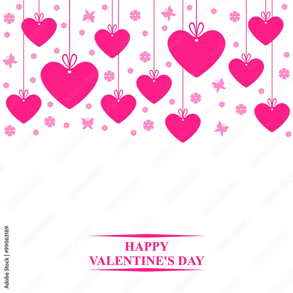Valentines day card with hanging magenta hearts labels
