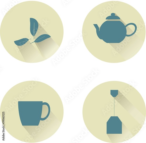 Tea round icon, blue icons with shadow on beige background, teapot, tea bag, tea leaves, cup, pastel colors, hand drawing, vector