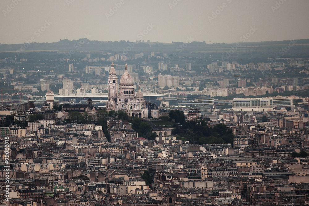 View of Paris from above with the Cathedral of Montmartre  