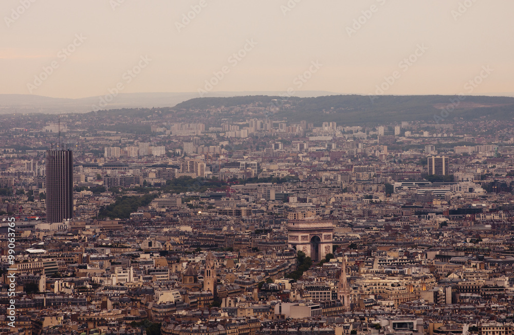 View of Paris from above with the Arch of Triumph  