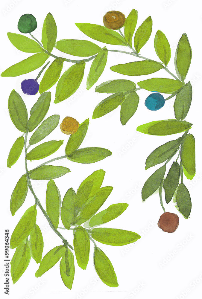 Background with leaves, branches and hand drawn. Watercolor design elements. Nature pattern Background with leaves, branches and hand drawn. Watercolor design elements. Nature pattern
