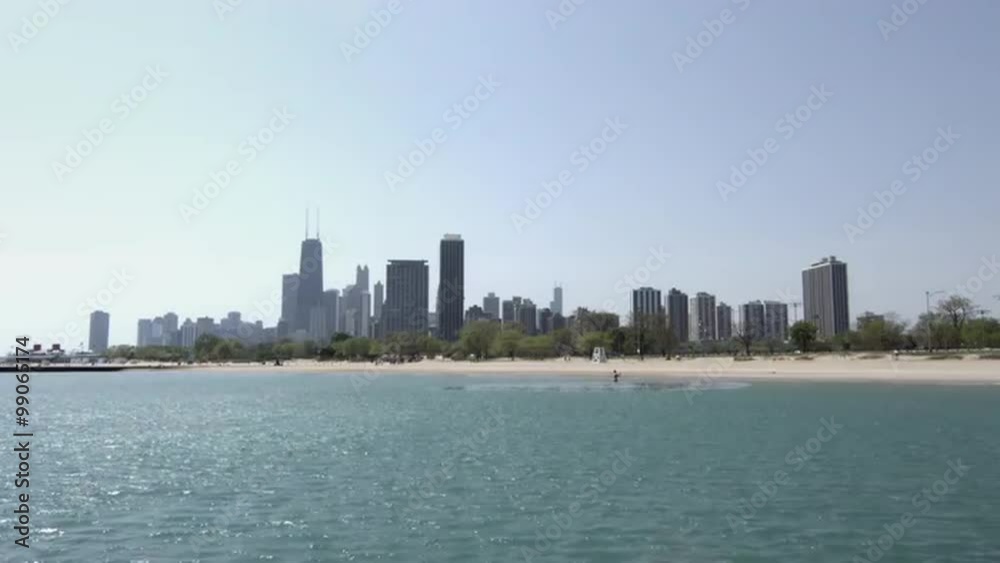 Beach on Lake Michigan, looking towards Chicago's north side and Gold Coast district, Illinois, USA. 4K, Ultra High Definition. Beach on Lake Michigan, looking towards Chicago's north side and Gold Coast district, Illinois, USA. 4K, Ultra High Definition.