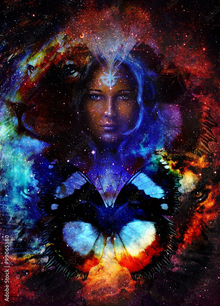 Fototapeta premium Goodnes woman and lion and butterfly in space with galaxi and stars. profile portrait, eye contact.