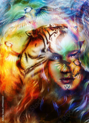 painting mighty lion and  tiger head, and mystic woman with bird, ornament background. computer collage, profile portrait, eye contact.