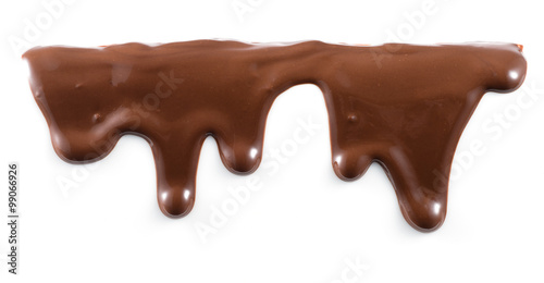 Melted chocolate is dripping. Streams isolated on white.