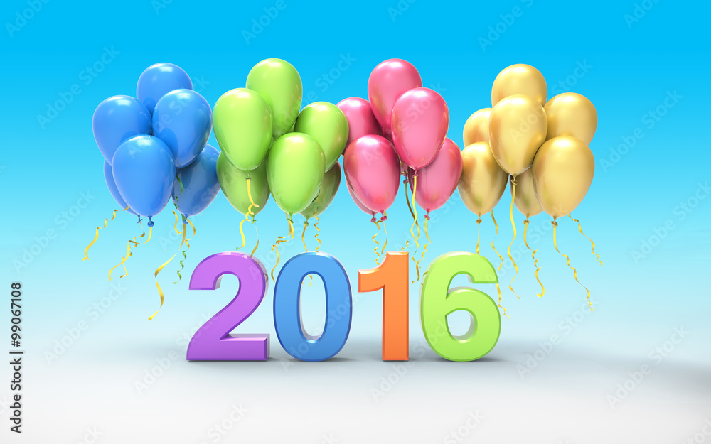 Group of colorful balloons with 2016 on white floor and blue background Group of colorful balloons with 2016 on white floor and blue background