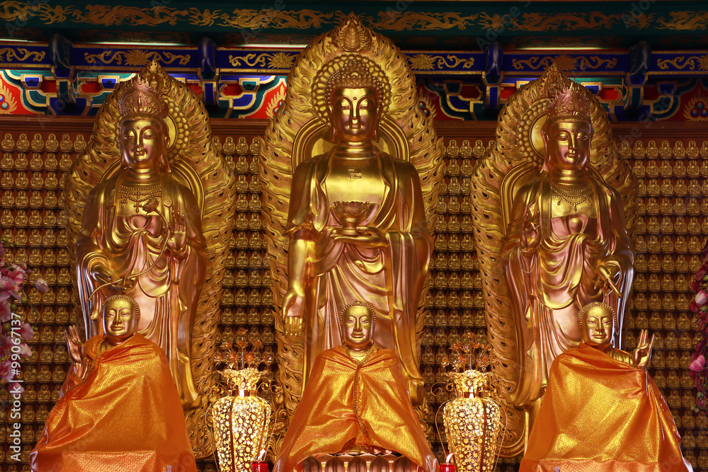 Buddha statue, stucco on chinese temple wall in Dragon Temple Kammalawat (Wat Lengnoeiyi) in Nonthaburi, Thailand