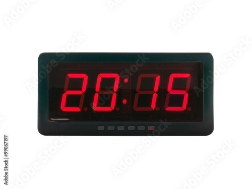 close up red led light illumination numbers 2015 on black digital electric alarm clock face isolated on white background, time symbol concept for celebrating the New Year