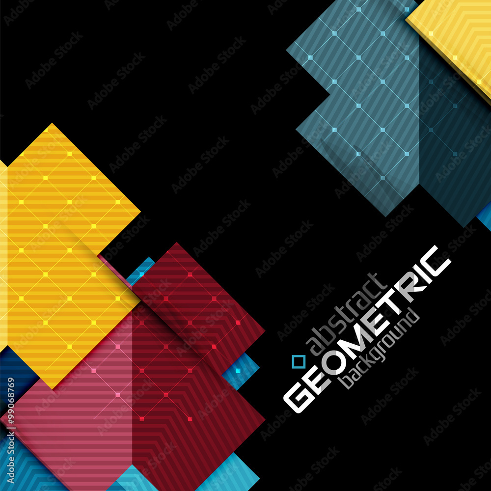 Fototapeta premium Colorful geometric shapes with texture on black. Modern futuristic abstract design template