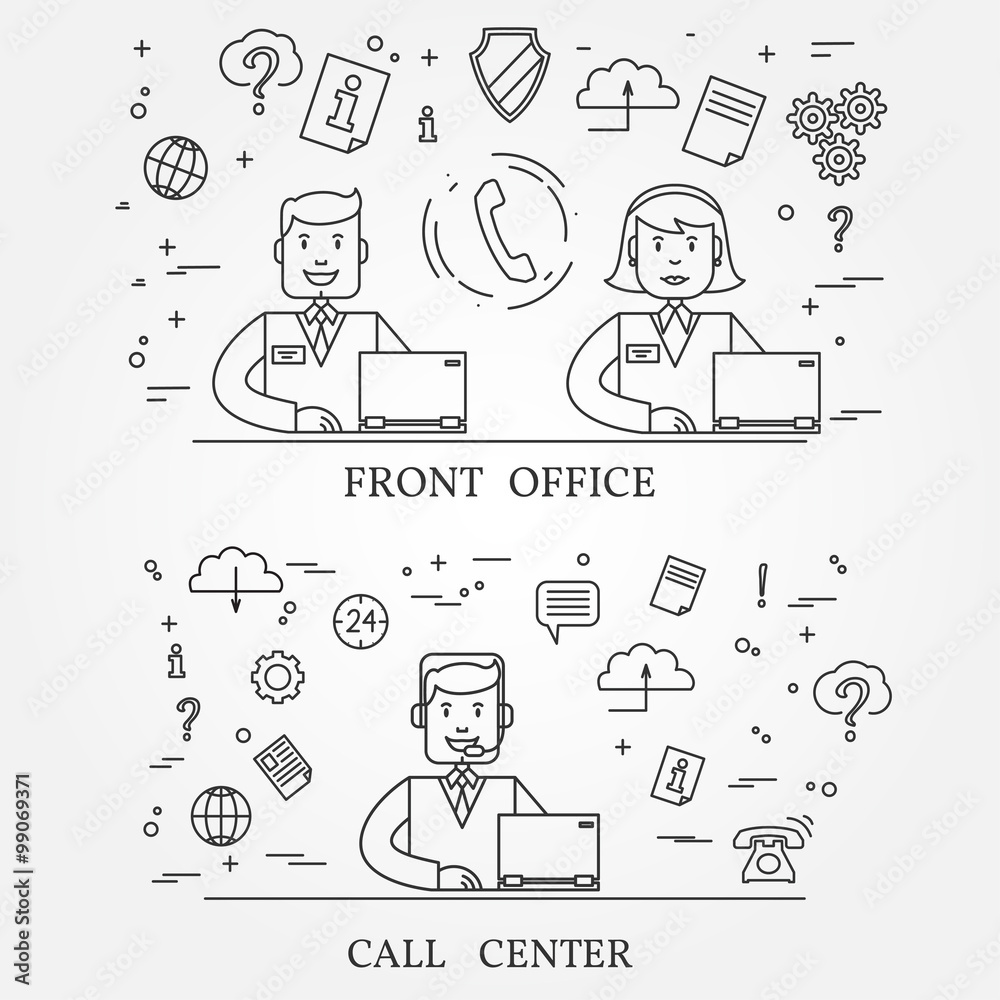 Front office and call center concept icon thin line for web and Front office and call center concept icon thin line for web and