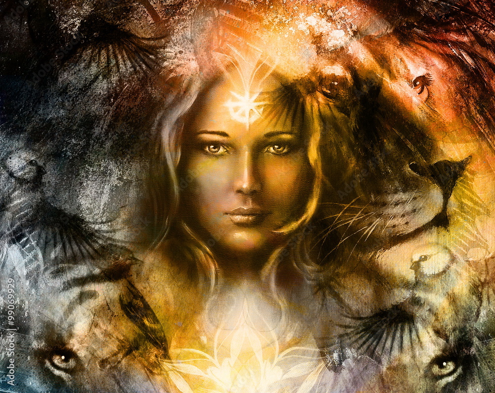 Obraz premium malowanie potężnego lwa i głowy tygrysa oraz mistycznej kobiety z ozdobnym tatuażem na twarzy z ptakiem, tłem ornamentu i mandalą. kolaż komputerowy, portret profilowy, kontakt wzrokowy.