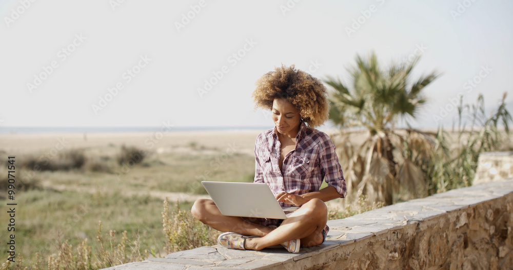 Woman With Laptop Sitting On Stone Wall