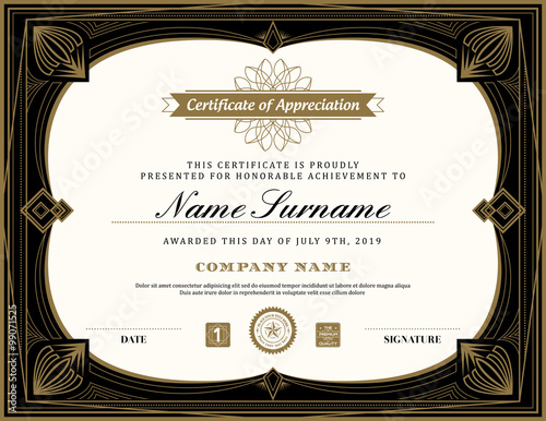 Vintage retro art deco frame certificate background template