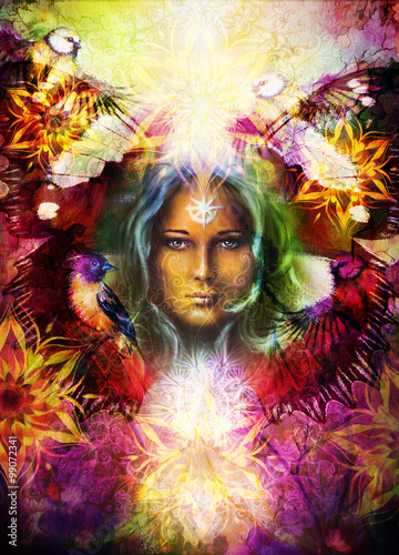 Fototapeta Naklejka Na Ścianę i Meble -  Beautiful Painting Goddess Woman with bird and ornamental mandala and butterfly wings and color abstract background  and eye contact.