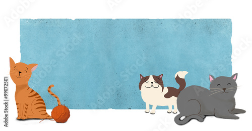 Grupo de gatos de colores con un ovillo de lana sentados y tumbados. Anuncio para tienda de mascotas. Dibujo hecho a mano. photo