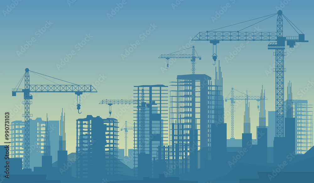 Banner illustration of buildings under construction in process