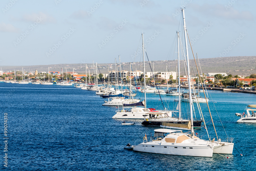 Line of Sailboats in Bay on Bonaire