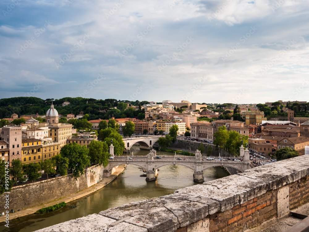 A view of Rome, Italy from Castel Sant’Angelo looking southwest over the river Tiber and the Ponte Vittorio Emmanuele II bridge.