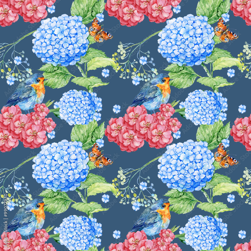 seamless pattern. hydrangea flowers bird and butterfly watercolor illustration.the pattern for tactile and Wallpapers