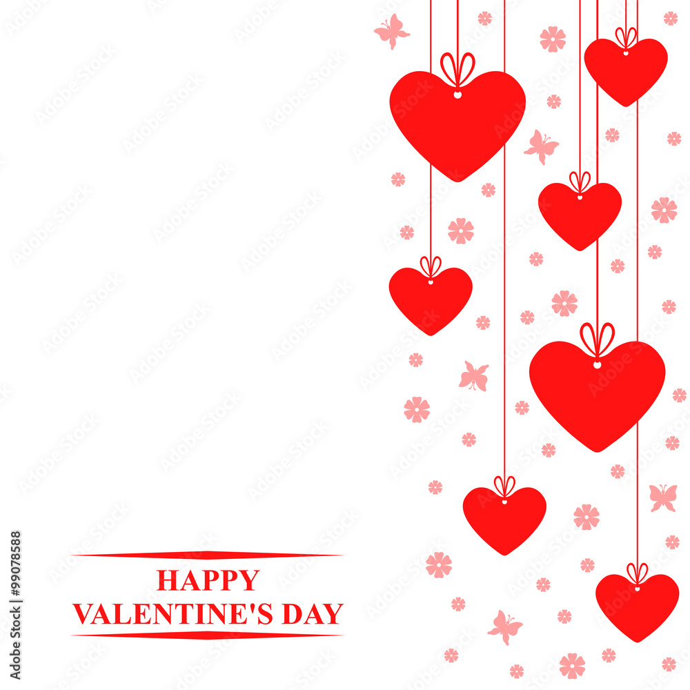 Valentines day card with hanging red hearts labels