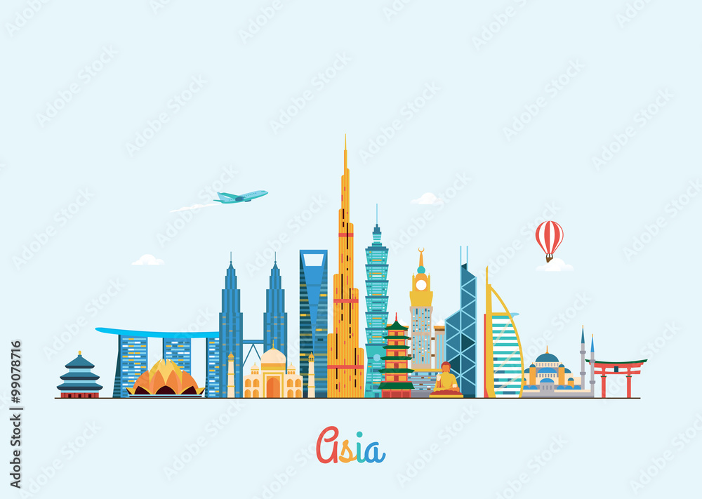Naklejka premium Asia skyline. Travel and tourism background. 