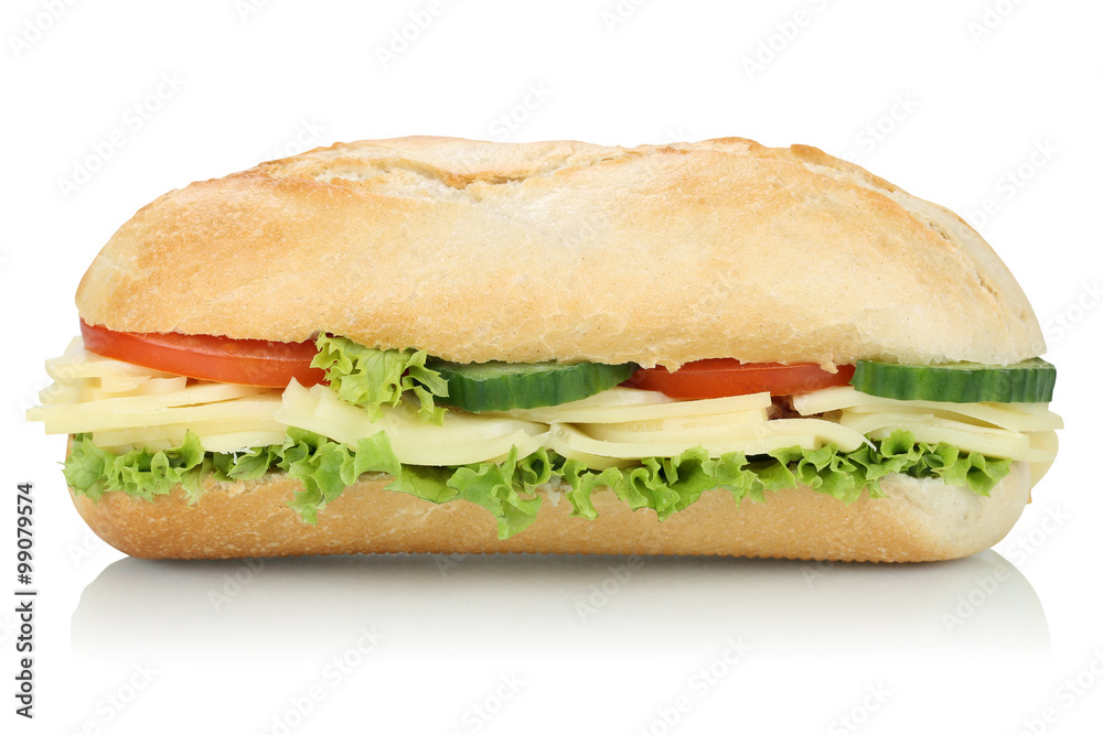Sandwich Baguette belegt mit Käse seitlich Freisteller Sandwich Baguette belegt mit Käse seitlich Freisteller