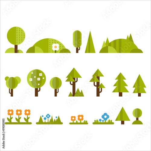 Trees, Bushes and Flowers Set in Flat Style