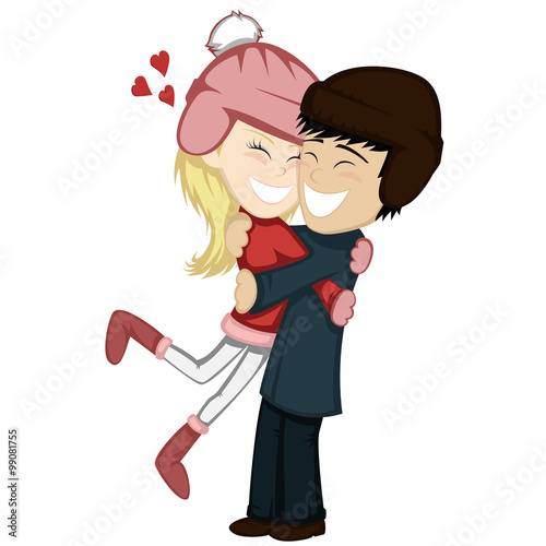 Winter hugs - A lovely couple is embracing and smiling wintertime (a blonde girl and black haired boy).