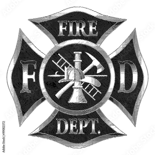 Fire Department Cross Silver Engraving is an illustration of a firefighter cross in silver engraved style with fireman tools including ax, hook, ladder, hydrant, nozzle and firefighters helmet.