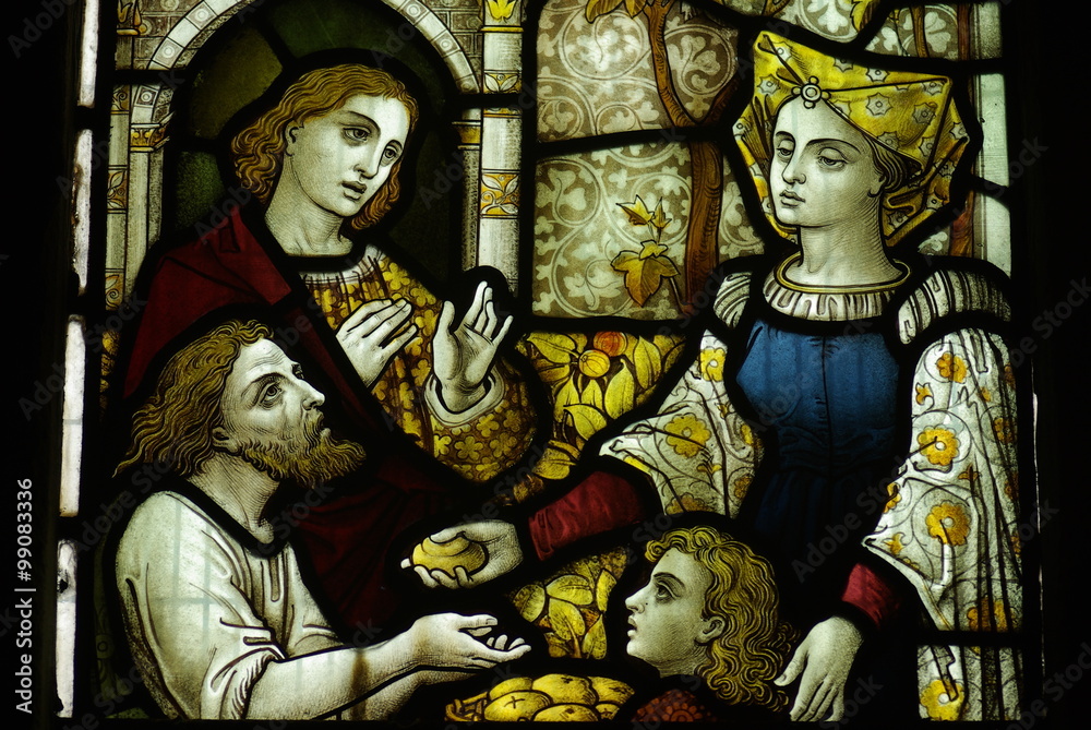 Feeding the poor (good deed) in stained glass
