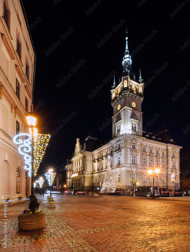 Night view on the town hall in Bielsko-Biala
