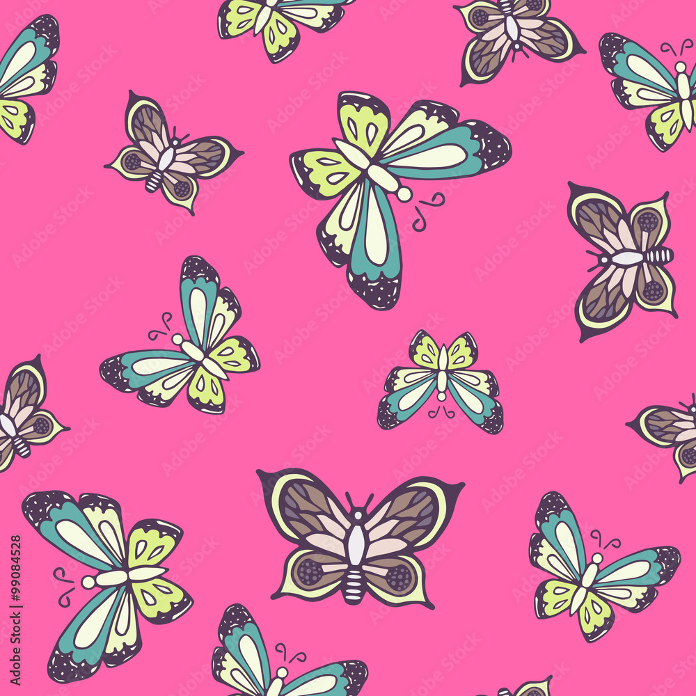 Hand drawn butterfly ink doodle seamless pattern. Sketched insects on fuchsia pink background. Hand drawn butterfly ink doodle seamless pattern. Sketched insects on fuchsia pink background.