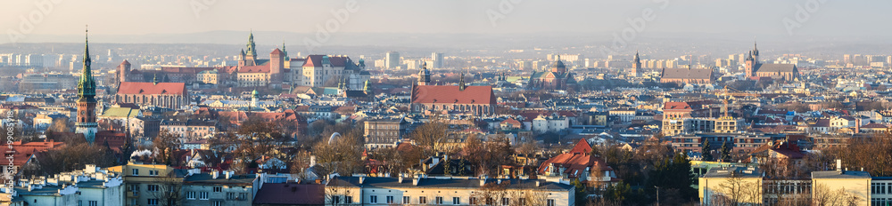 Panoramic view of Royal Wawel Castle in Krakow and St. Mary's Basilica, view from Krakus Mound